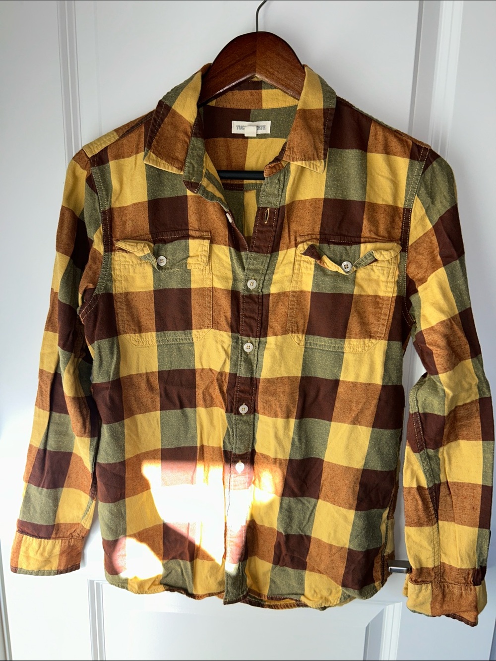 Boys Size 14/16 Tucker + Tate Yellow, Brown & Olive Plaid Button-Up Shirt